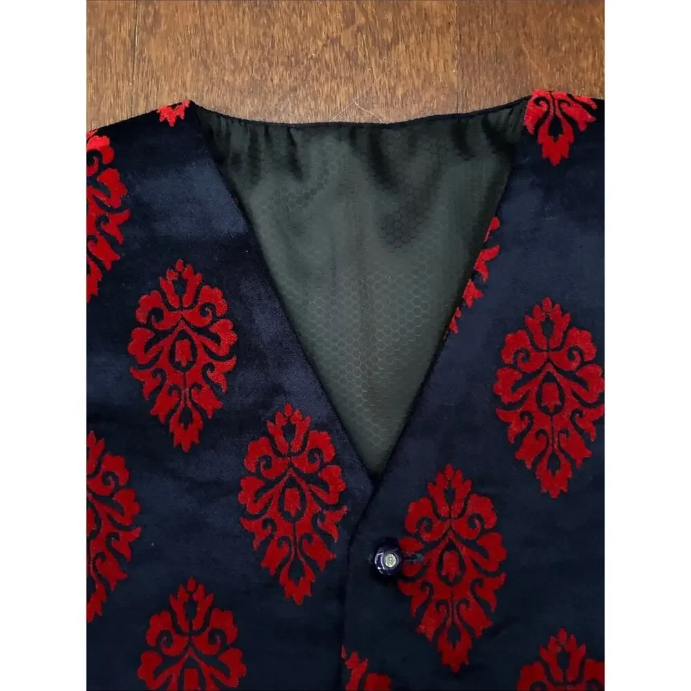 Kid’s Retro Vest with Red Flocked Damask Motif, Size 3